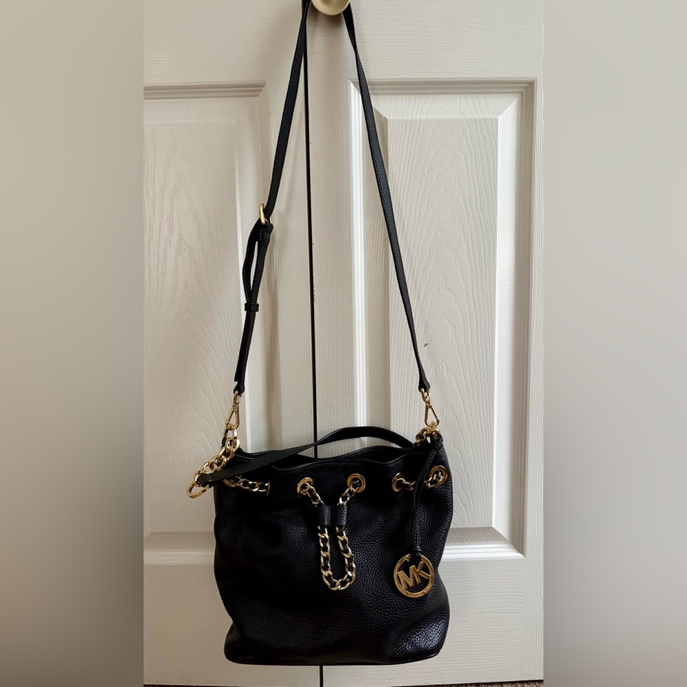 Michael Kors Frankie Black Pebbled Leather Bag with Drawstring Chain and Strap